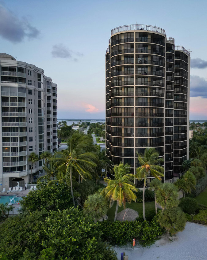 Condominium buildings and palm trees near the coast