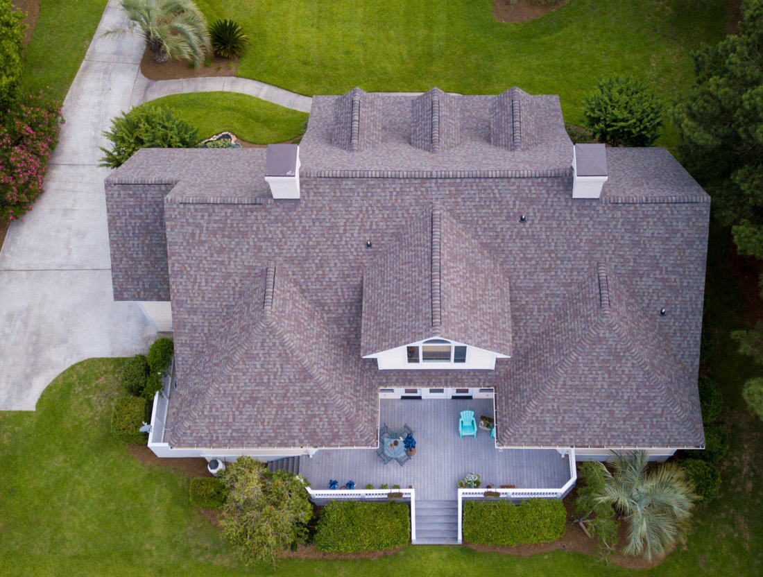 Aerial view showing the layout of a shingle roof